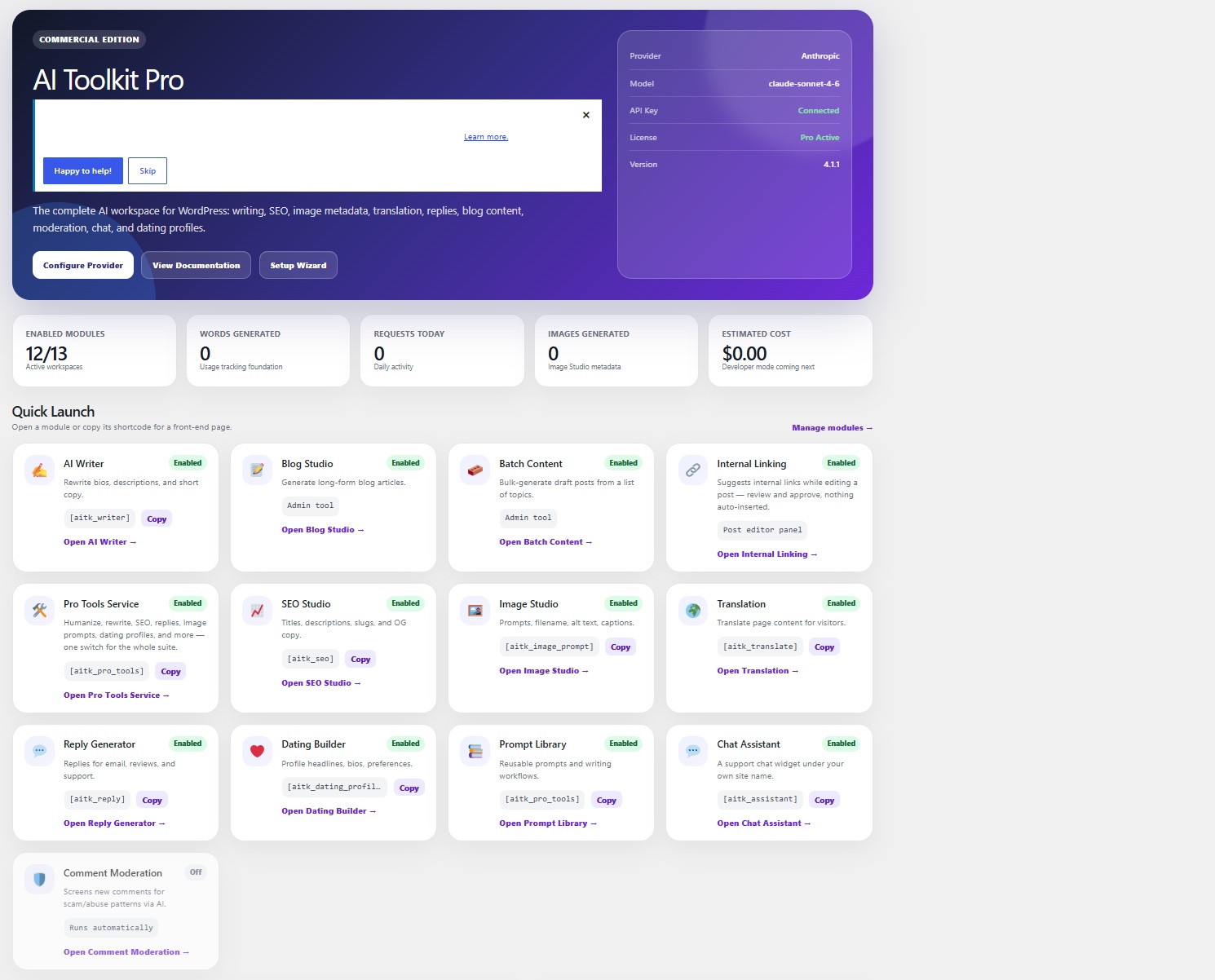 AI Toolkit Pro WordPress AI plugin dashboard